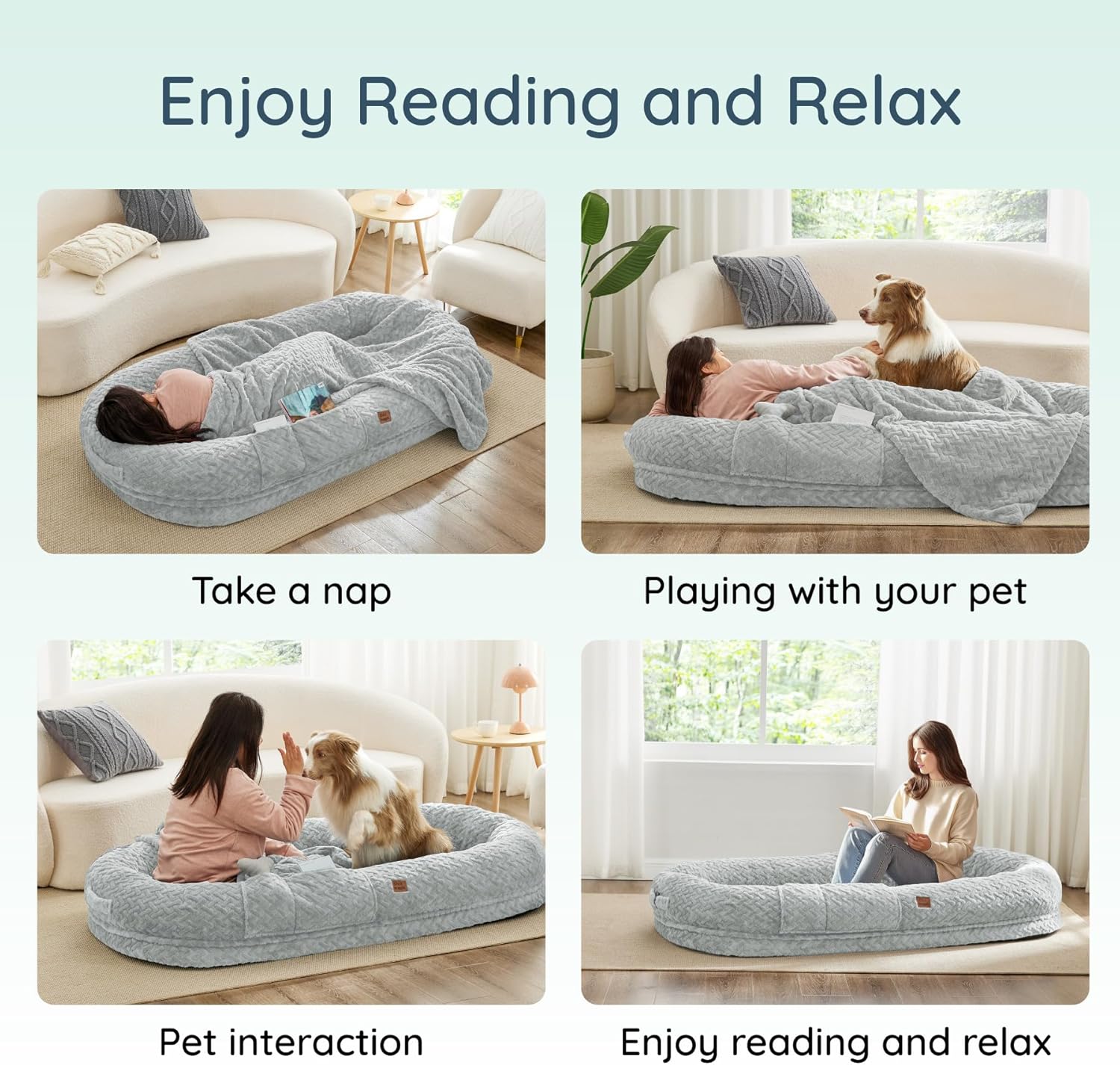 Human Dog Bed for Adult - Luxury Faux Fur Giant Size Dog Bed with Portable Handle, Egg Orthopedic Foam with Blanket, Light Grey