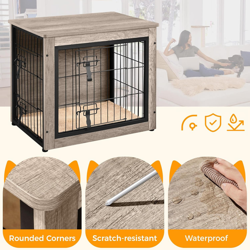 Dog Crate Furniture with Cushion Wooden Dog Crate with Double Doors/Adjustable Feet Side End Table for Small/Medium Dogs, Greige