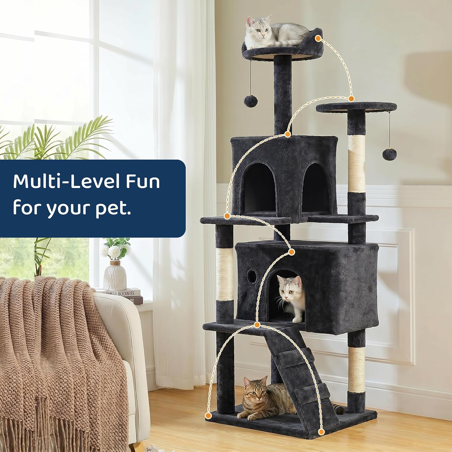 Multi-Level Cat Tree with 2 Condos, Ladder & Sisal Posts (Dove Beige)