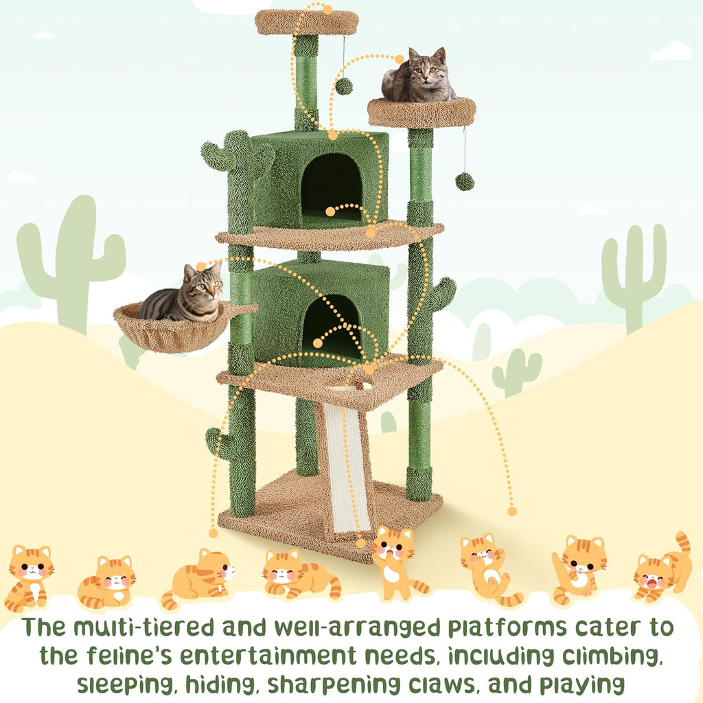 Cactus Cat Tree, 66?H Cat Tower for Indoor Cats, Multi-Level Cat Tree with Large Condos & Ramp, Pet Play House with Padded Perch, Platforms, Basket & Hanging Ball, Green/Brown