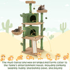 Cactus Cat Tree, 66?H Cat Tower for Indoor Cats, Multi-Level Cat Tree with Large Condos & Ramp, Pet Play House with Padded Perch, Platforms, Basket & Hanging Ball, Green/Brown