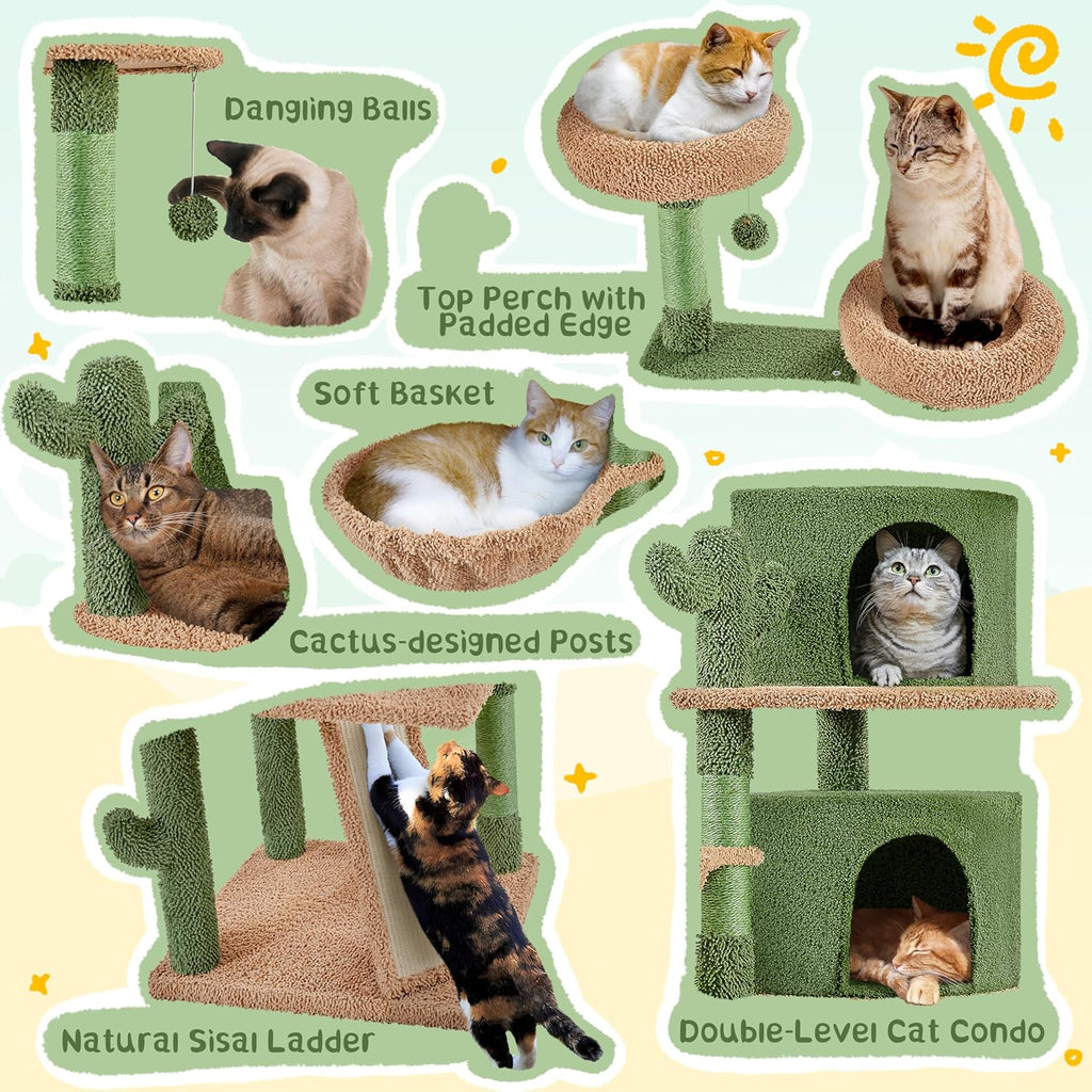 Cactus Cat Tree, 66?H Cat Tower for Indoor Cats, Multi-Level Cat Tree with Large Condos & Ramp, Pet Play House with Padded Perch, Platforms, Basket & Hanging Ball, Green/Brown
