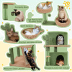 Cactus Cat Tree, 66?H Cat Tower for Indoor Cats, Multi-Level Cat Tree with Large Condos & Ramp, Pet Play House with Padded Perch, Platforms, Basket & Hanging Ball, Green/Brown