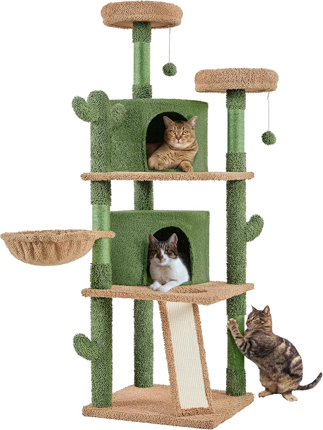 Cactus Cat Tree, 66?H Cat Tower for Indoor Cats, Multi-Level Cat Tree with Large Condos & Ramp, Pet Play House with Padded Perch, Platforms, Basket & Hanging Ball, Green/Brown