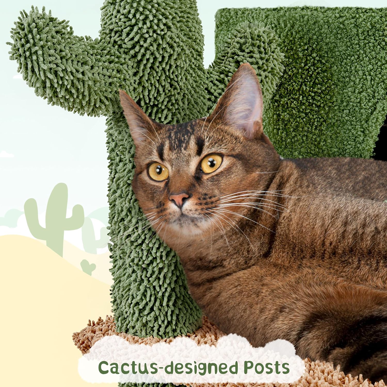 Cactus Cat Tree, 66?H Cat Tower for Indoor Cats, Multi-Level Cat Tree with Large Condos & Ramp, Pet Play House with Padded Perch, Platforms, Basket & Hanging Ball, Green/Brown