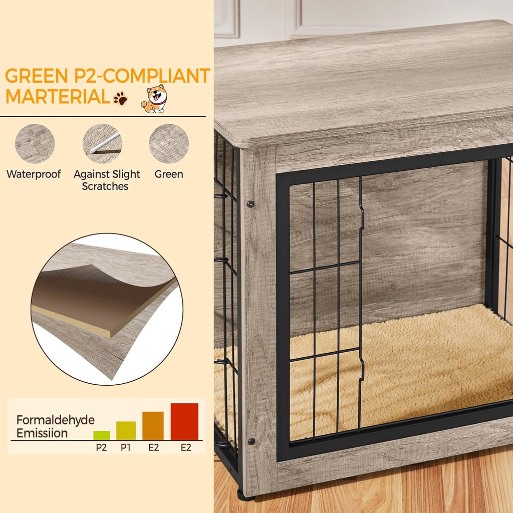 Dog Crate Furniture with Cushion Wooden Dog Crate with Double Doors/Adjustable Feet Side End Table for Small/Medium Dogs, Greige