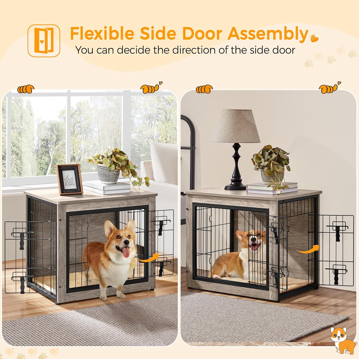 Dog Crate Furniture with Cushion Wooden Dog Crate with Double Doors/Adjustable Feet Side End Table for Small/Medium Dogs, Greige