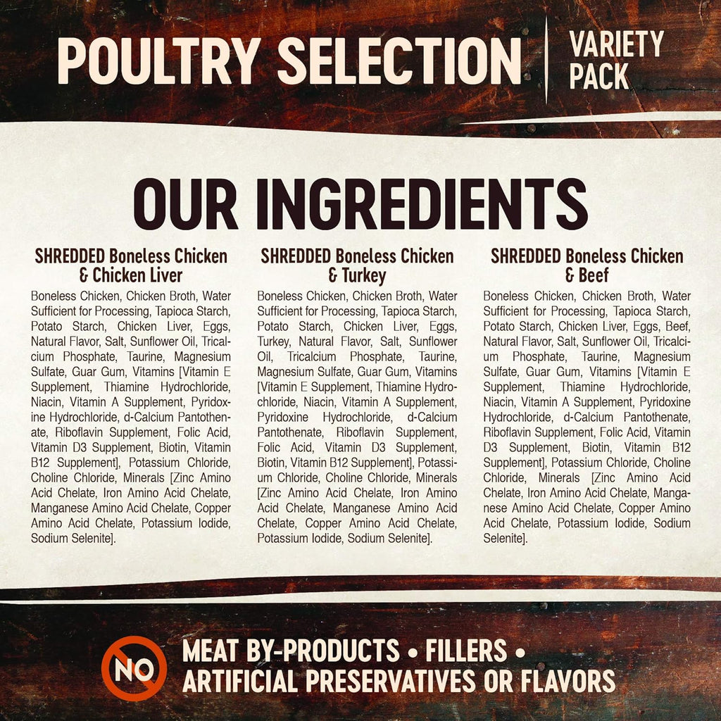 Signature Selects Shredded Adult Wet Cat Food, Natural, Protein-Rich, Grain Free, 2.8 Ounce, 8 Pack (Poultry Variety Pack)