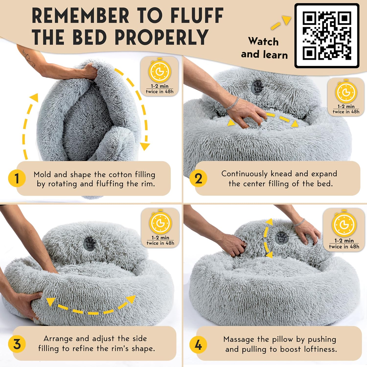 PetJett Calming Dog Beds Large Sized Dog - Round Bed, Anti-Slip & Washable Super Soft Donut Bed, Fluffy Faux Fur Anti-Anxiety Premium Comfort Pet Bed, Fits Dogs - Bright Grey