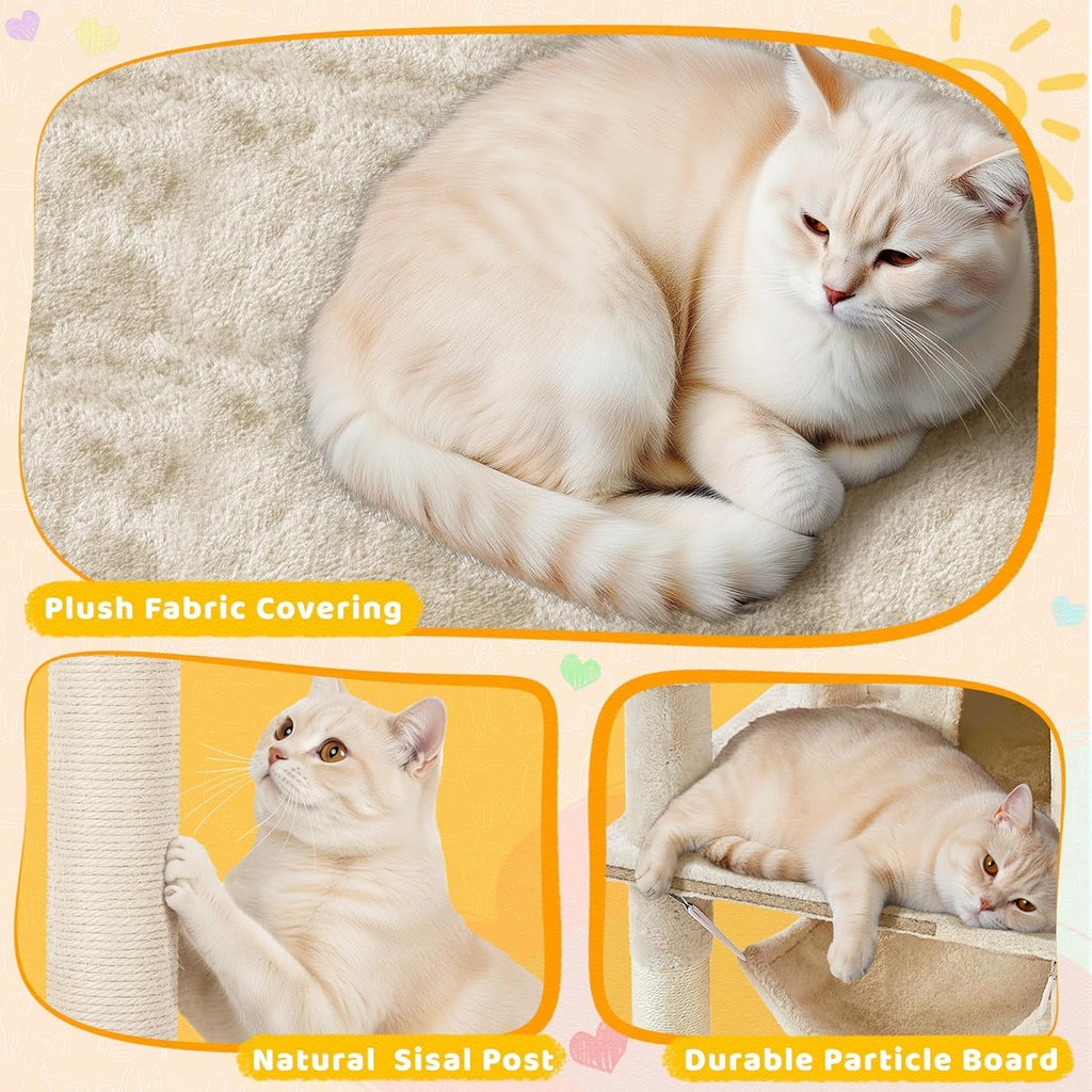 Cat Tree, 67in Large Tower w/ 3 Removable Teaser Sticks, 2 Kitten-Ear Shaped Perches, 2 Condos, Hammock, Scratching Post, Multi Level Pet House, Beige