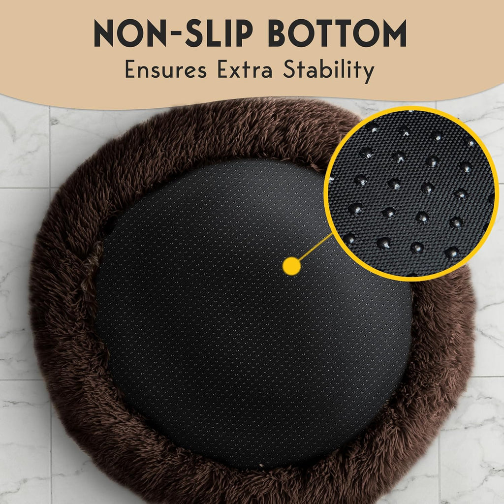PetJett Calming Dog Bed Medium Size Dog -  Donut Bed, Anti-Slip & Washable Super Soft Fluffy Plush Round Bed, Anti-Anxiety Premium Comfort Pet Bed, Fits Dogs- Brown
