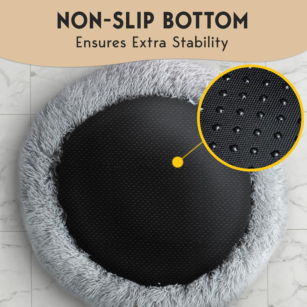 PetJett Calming Dog Beds Large Sized Dog - Round Bed, Anti-Slip & Washable Super Soft Donut Bed, Fluffy Faux Fur Anti-Anxiety Premium Comfort Pet Bed, Fits Dogs - Bright Grey