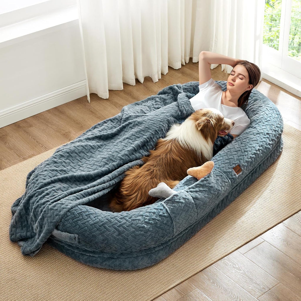 Click to see full view      3+  7 VIDEOS Human Dog Bed for Adult - Luxury Faux Fur Giant Size Dog Bed with Portable Handle, Egg Orthopedic Foam Bed with BlanketGrayish Blue