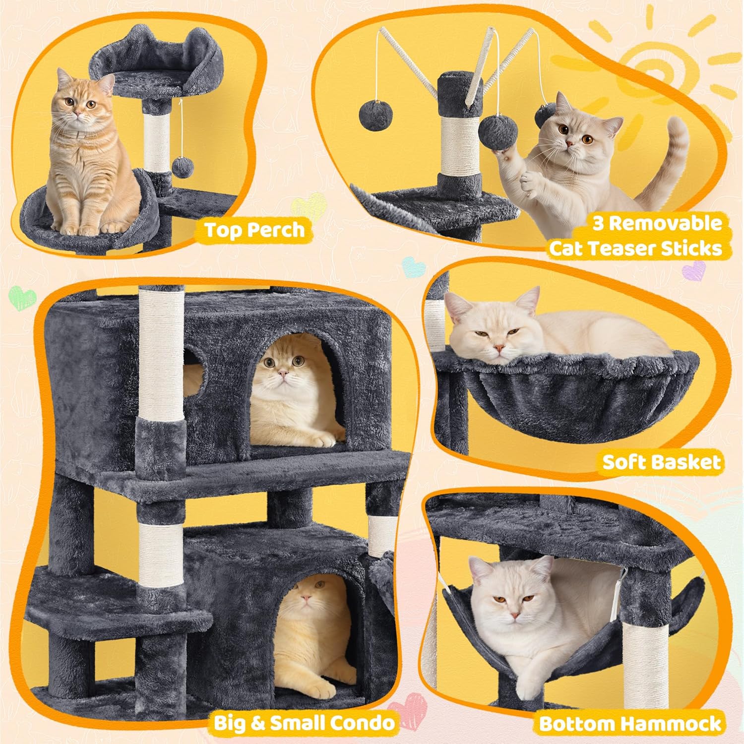Yaheetech Cat Tree, 67in Large Tower w/ 3 Removable Teaser Sticks, 2 Kitten-Ear Shaped Perches, 2 Condos, Hammock, Scratching Post, Multi Level Pet House, Dark Gray