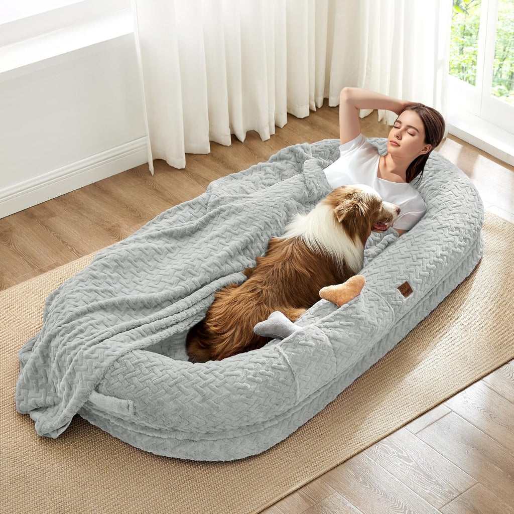 Human Dog Bed for Adult - Luxury Faux Fur Giant Size Dog Bed with Portable Handle, Egg Orthopedic Foam with Blanket, Light Grey