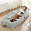 Human Dog Bed for Adult - Luxury Faux Fur Giant Size Dog Bed with Portable Handle, Egg Orthopedic Foam with Blanket, Light Grey