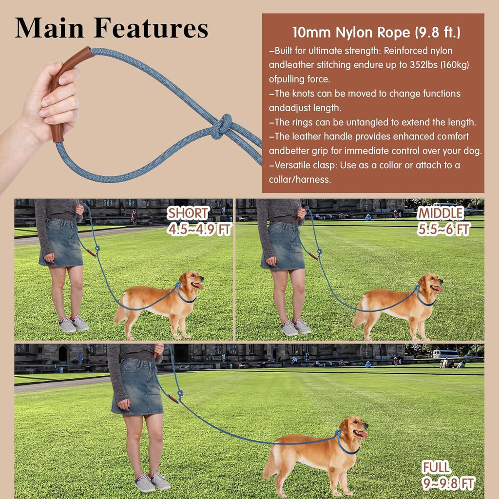 Hands Free Dog Leash for Walking Running Training, Adjustable Lead Up to 9.8ft, Dogs Up to 125lbs, Crossbody, Dual Handle, Multifunctional, Double Attachment for 2 Dogs
