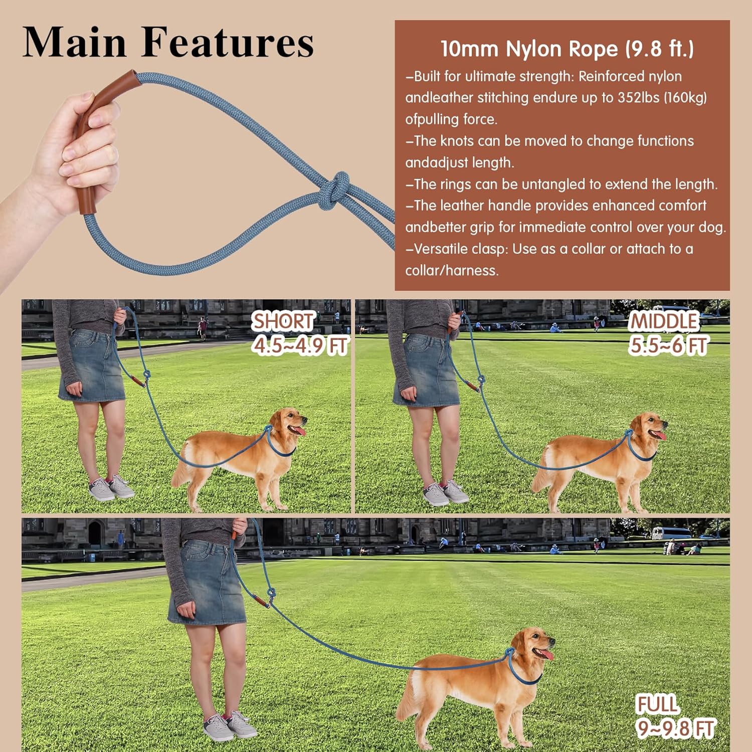 Hands Free Dog Leash for Walking Running Training, Adjustable Lead Up to 9.8ft, Dogs Up to 125lbs, Crossbody, Dual Handle, Multifunctional, Double Attachment for 2 Dogs