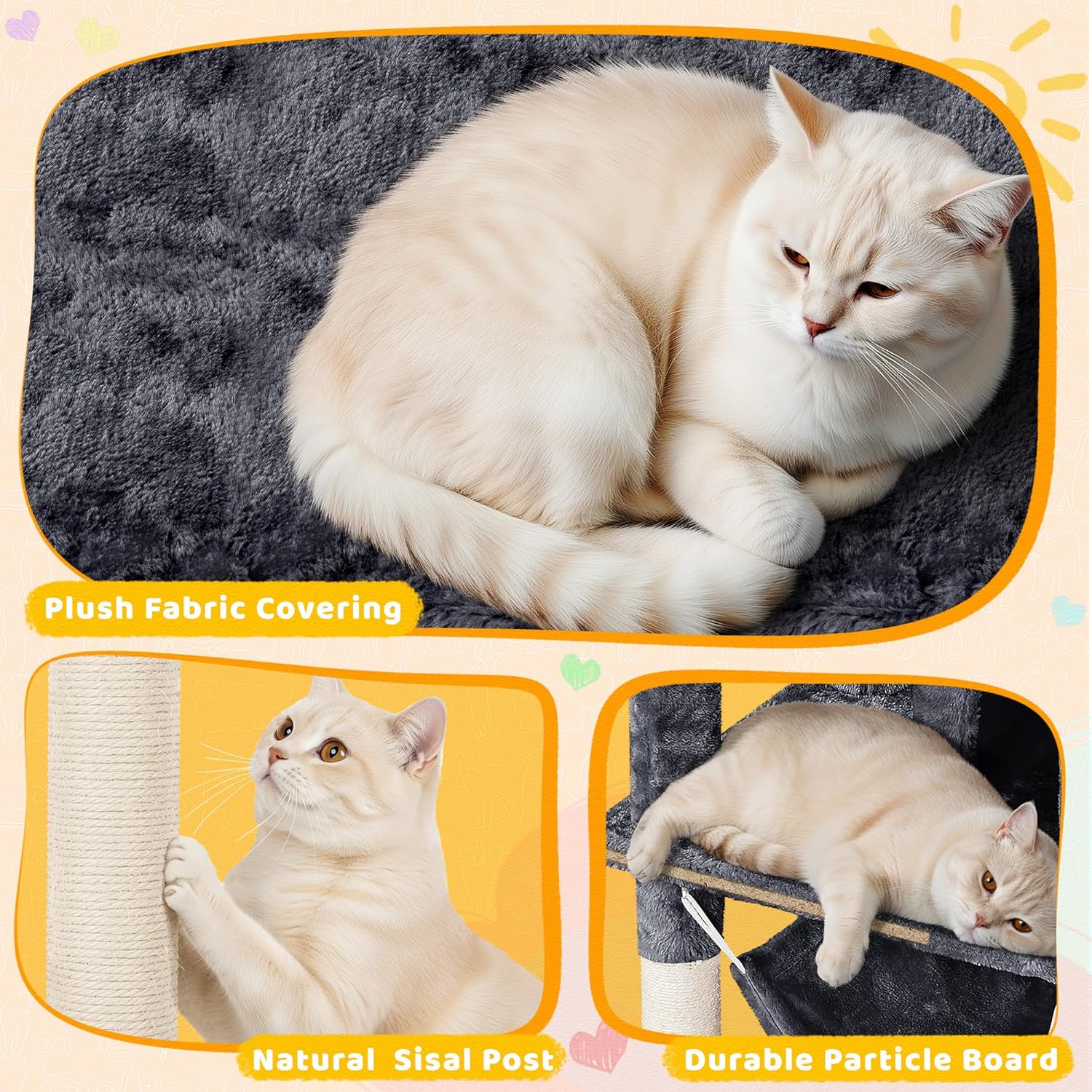 Yaheetech Cat Tree, 67in Large Tower w/ 3 Removable Teaser Sticks, 2 Kitten-Ear Shaped Perches, 2 Condos, Hammock, Scratching Post, Multi Level Pet House, Dark Gray