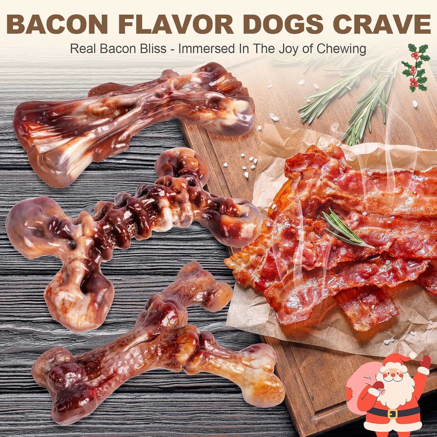 Dog Toys for Aggressive Chewers - 3 Pack Bacon Flavored Indestructible Dog Toy, Big Tough Chew Bone for Medium Large Breed 25-80lbs to Keep Them Busy, Happy Dog Gift (Brown)