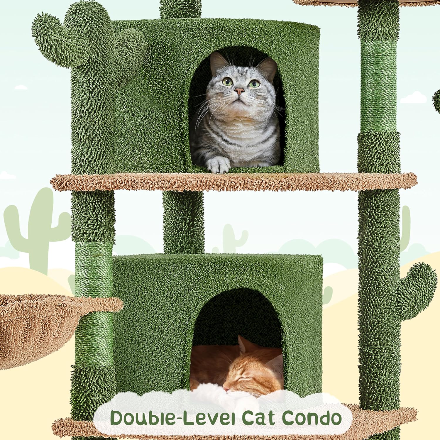 Cactus Cat Tree, 66?H Cat Tower for Indoor Cats, Multi-Level Cat Tree with Large Condos & Ramp, Pet Play House with Padded Perch, Platforms, Basket & Hanging Ball, Green/Brown
