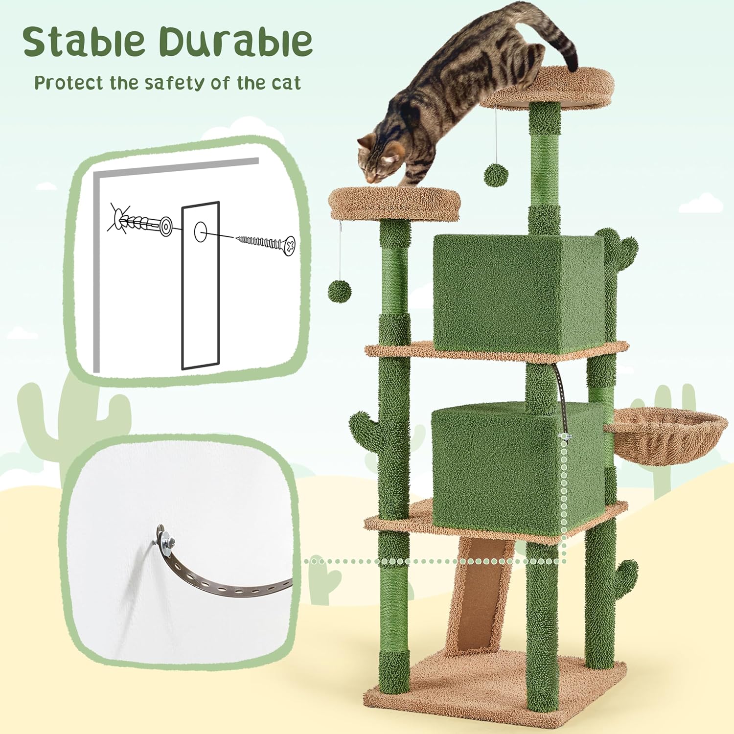 Cactus Cat Tree, 66?H Cat Tower for Indoor Cats, Multi-Level Cat Tree with Large Condos & Ramp, Pet Play House with Padded Perch, Platforms, Basket & Hanging Ball, Green/Brown