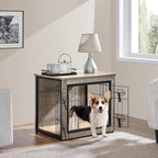 Dog Crate Furniture with Cushion Wooden Dog Crate with Double Doors/Adjustable Feet Side End Table for Small/Medium Dogs, Greige