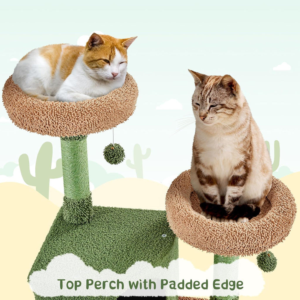 Cactus Cat Tree, 66?H Cat Tower for Indoor Cats, Multi-Level Cat Tree with Large Condos & Ramp, Pet Play House with Padded Perch, Platforms, Basket & Hanging Ball, Green/Brown