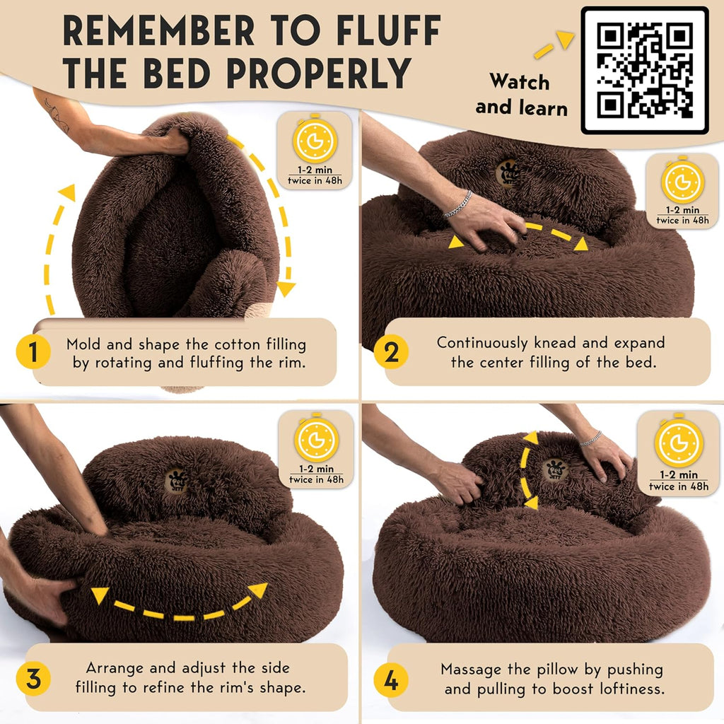 PetJett Calming Dog Bed Medium Size Dog -  Donut Bed, Anti-Slip & Washable Super Soft Fluffy Plush Round Bed, Anti-Anxiety Premium Comfort Pet Bed, Fits Dogs- Brown