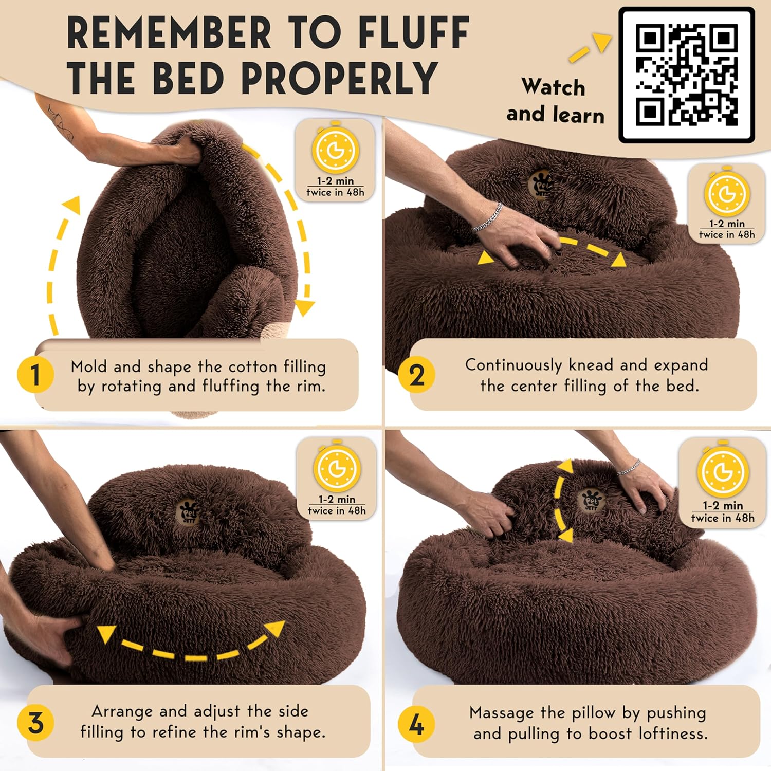 PetJett Calming Dog Bed Medium Size Dog -  Donut Bed, Anti-Slip & Washable Super Soft Fluffy Plush Round Bed, Anti-Anxiety Premium Comfort Pet Bed, Fits Dogs- Brown