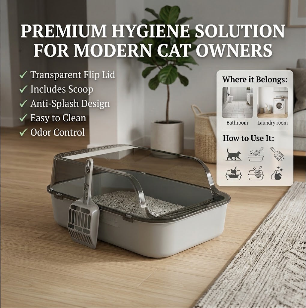 Semi-Enclosed High-Sided Cat Litter Box with Anti-Spill Rim