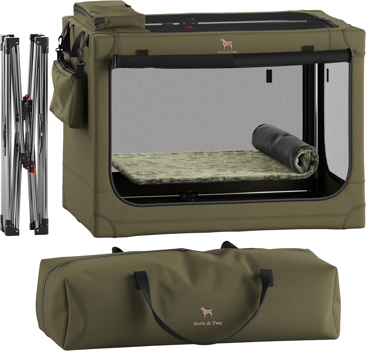Collapsible Dog Crate 36 Inches, XL Dog Crate for XL, Large Medium Breed, Travel Kennel for Car, Includes Pet Mat for Pet Cage, 2 Storage Pockets, Handbag, 10mm Locking Zippers