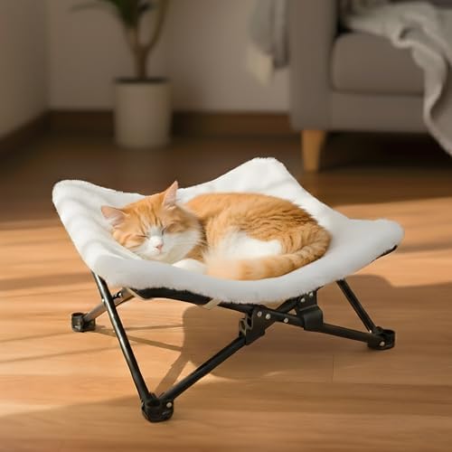 Foldable Cat Hammock Bed, Elevated Fluffy Kitty Lounge Furniture with Metal Frame, Raised Cat Hammock Chair for Indoor Cats