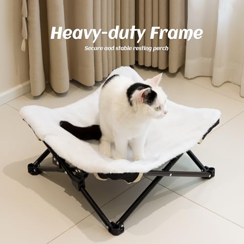Foldable Cat Hammock Bed, Elevated Fluffy Kitty Lounge Furniture with Metal Frame, Raised Cat Hammock Chair for Indoor Cats