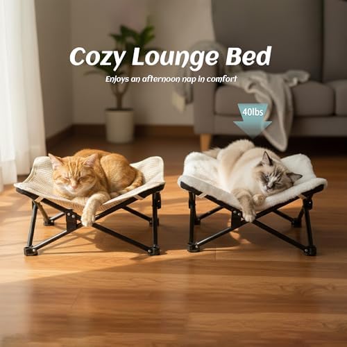 Foldable Cat Hammock Bed, Elevated Fluffy Kitty Lounge Furniture with Metal Frame, Raised Cat Hammock Chair for Indoor Cats