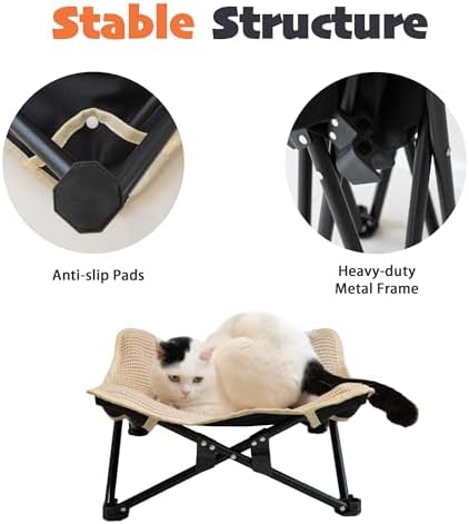 Foldable Cat Hammock Bed, Elevated Fluffy Kitty Lounge Furniture with Metal Frame, Raised Cat Hammock Chair for Indoor Cats