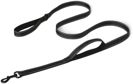 Dog Leash, 6ft with 2 Comfortable Dual Padded Handles for Traffic Control, Highly Reflective Leashes for Large & Medium Dogs, Night Safety, Easy Snap Hook, Black