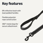Dog Leash, 6ft with 2 Comfortable Dual Padded Handles for Traffic Control, Highly Reflective Leashes for Large & Medium Dogs, Night Safety, Easy Snap Hook, Black