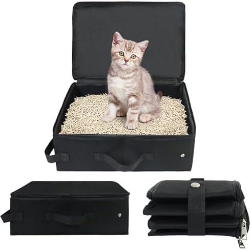 Foldable Cat Travel Litter Box, Portable Cat Litter Box with Zipped Lid, Waterproof Metarial, Easy to Carry, No Smell, Leak-Proof, for Car Hotel and Outdoor (Black)