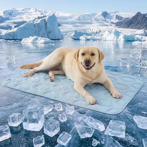 Dog Cooling Mat for Extra Large Dogs -Q-Max>0.5 XL Breathable Thin Cool Crate Pad with Chill Cold Fiber and Innovative Mesh Base Design, Portable Washable Pet Kennel Mat for Summer,44x30,Blue