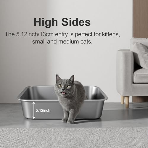 Stainless Steel Litter Box with High Sided, Metal Cat Litter Box, Odor-Free, Non-Stick Litterbox Pan, Easy to Clean Pet Supplies Toilet Tray for Indoor Cats, Kittens or Multicat Homes