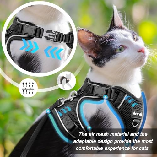 Cat Harness, Cat Harness and Leash for Walking, Adjusted in Four Directions and Breathable Cat Harness for Anti Escape That can be Fitted and Positioned, Reflective Strips Harness, Black