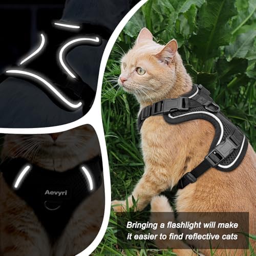 Cat Harness, Cat Harness and Leash for Walking, Adjusted in Four Directions and Breathable Cat Harness for Anti Escape That can be Fitted and Positioned, Reflective Strips Harness, Black
