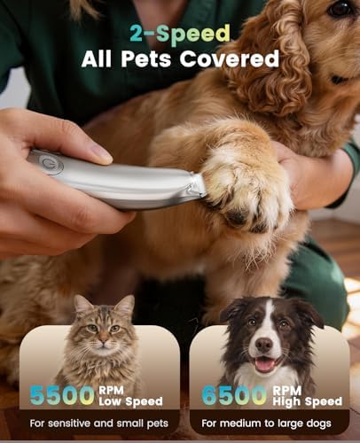 Dog Paw Trimmer, 2-Speed Up to 6500 RPM, 35dB Low-Noise Safe Pet Paw Trimmers with Curved Blade and LED Light, Cordless Pet Grooming Paw Clipper for Dogs, Cats, Paws, Ears, Face, Rump