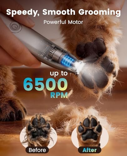 Dog Paw Trimmer, 2-Speed Up to 6500 RPM, 35dB Low-Noise Safe Pet Paw Trimmers with Curved Blade and LED Light, Cordless Pet Grooming Paw Clipper for Dogs, Cats, Paws, Ears, Face, Rump