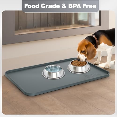 Silicone Dog & Cat Food Mat with Raised Edge, 24"x16" Extra Thick Waterproof Non-Slip Pet Feeding for Food and Water Bowls, Spill Proof Mat to Protect Floors, BPA Free Dishwasher-Safe,Gray