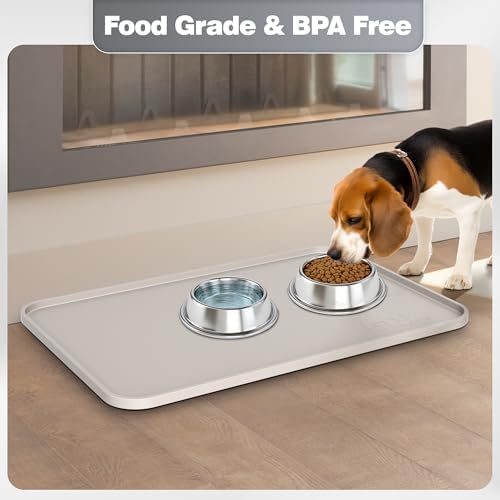 Silicone Pet Food Mat with Raised Edge (24" x 16", Beige Gray)