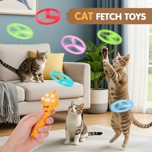 Cat Fetch Toy, Rechargeable Flying Disc Launcher with 6 Flying Discs, Cat Interactive Hunting Toys for Outdoor & Indoor