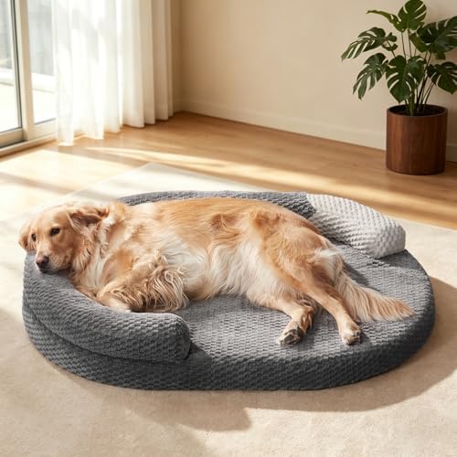 Orthopedic Dog Beds Large Sized Dog, Washable Waterproof Oval Large Dog Bed with Removable Cover, Big Egg-Crate Memory Foam Pet Bed with Bolster Sides & Non-Skid Bottom, Dark Grey, 36''x27''