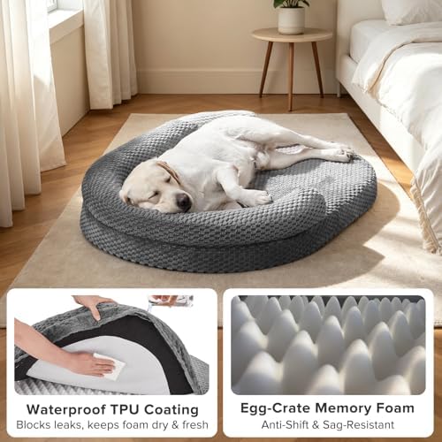 Orthopedic Dog Beds Large Sized Dog, Washable Waterproof Oval Large Dog Bed with Removable Cover, Big Egg-Crate Memory Foam Pet Bed with Bolster Sides & Non-Skid Bottom, Dark Grey, 36''x27''